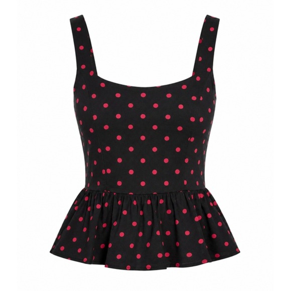 Montgomery Post Petite Polka Dot Peplum‎ Tank Top Smocked Back Black Small NWT